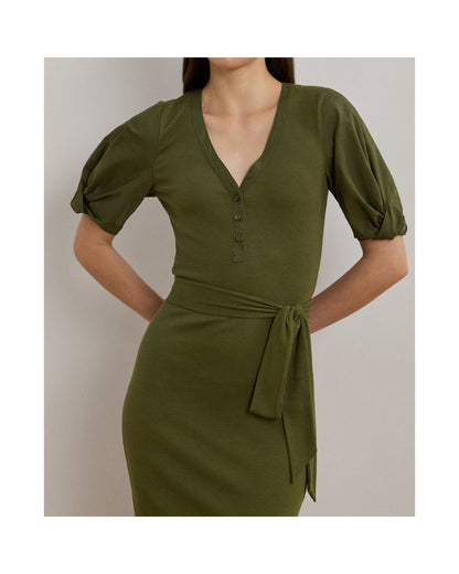 Belted Rib-Knit Puff-Sleeve Dress