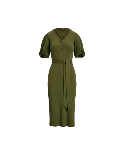 Belted Rib-Knit Puff-Sleeve Dress