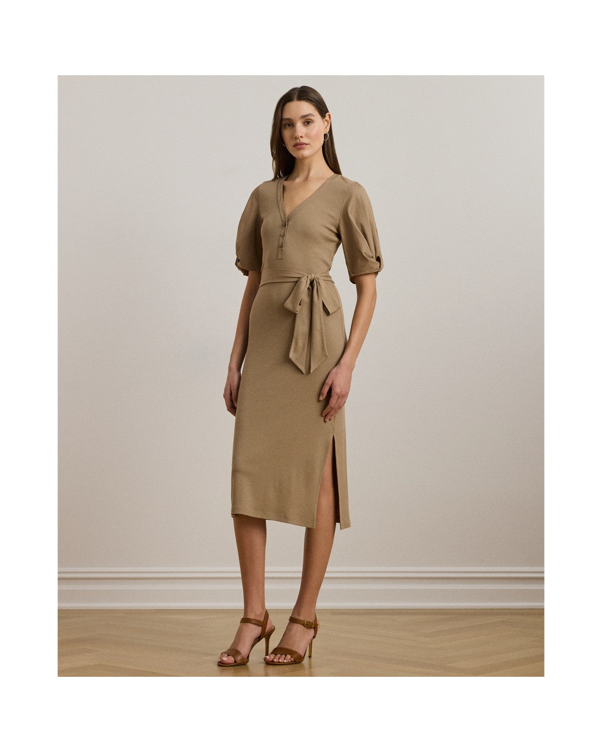 Belted Rib-Knit Puff-Sleeve Dress