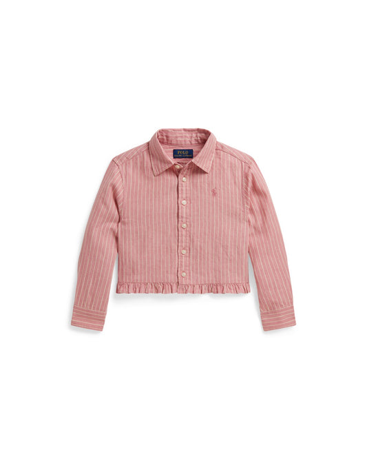 Striped Linen-Cotton Ruffled Shirt