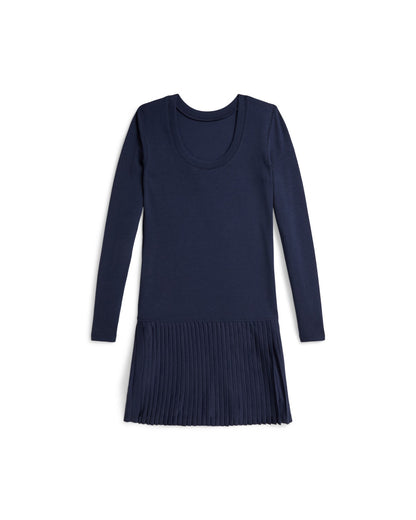 Pleated-Skirt Ribbed Dress