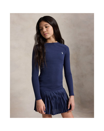 Pleated-Skirt Ribbed Dress