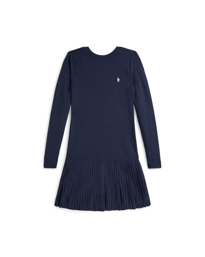 Pleated-Skirt Ribbed Dress