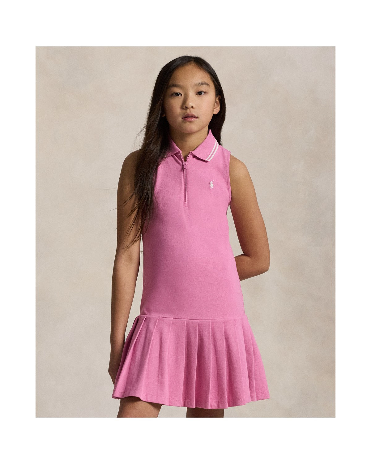 Pleated Stretch Mesh Polo Dress